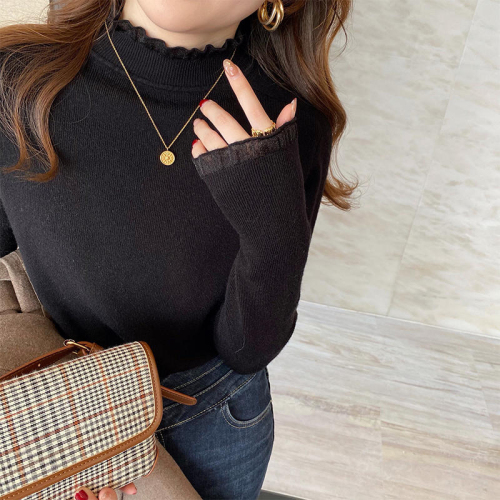 Lace half turtleneck bottoming shirt for women in autumn and winter new style solid color bottoming slim sweater