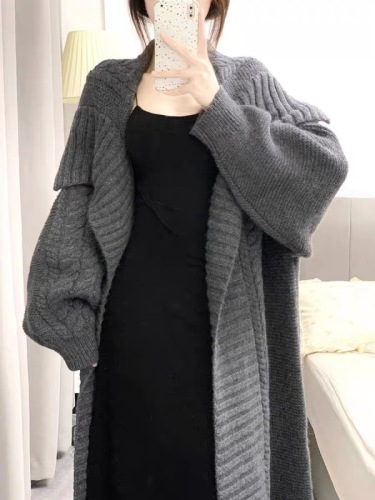 New style knitted long cardigan women's lapel twist sweater new Korean style loose lazy style retro jacket