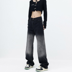 Pear-shaped figure black gradient tencel jeans for women autumn and winter straight slimming high waist trousers high street ins trend