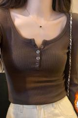 Half open collar pure cotton t-shirt women's long sleeve autumn American hot girl low collar clavicle tight short top