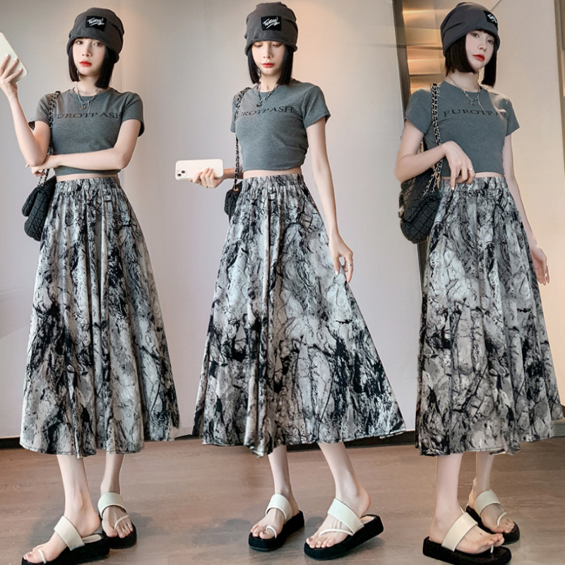 High-waist ink painting printed chiffon versatile skirt slimming plus size women's fat MM 230 pounds