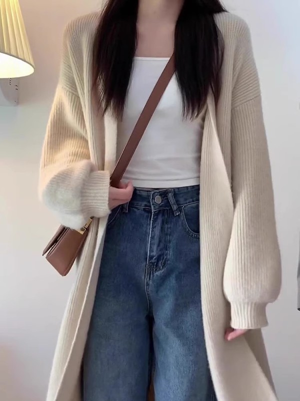 Apricot raccoon velvet sweater jacket for women in autumn new style lazy style style autumn and winter mid-length knitted cardigan