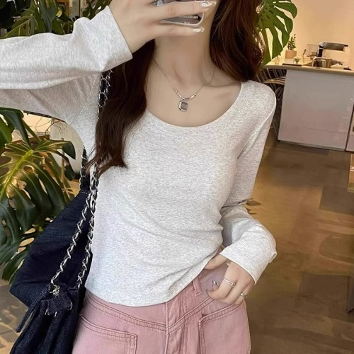 Autumn and winter new Korean style low round neck pure cotton right shoulder short top with long sleeve T-shirt bottoming shirt for women