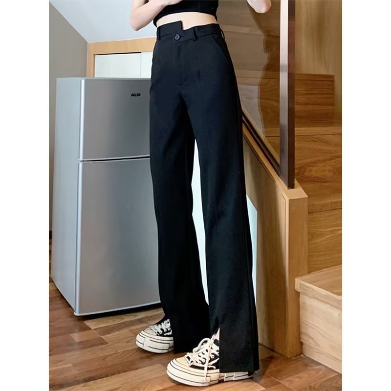 Black slit irregular suit pants for fat girls, mm high waist, long wide legs, straight drape casual trousers
