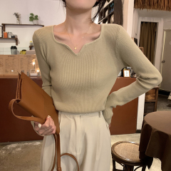 V-neck bottoming shirt for women in autumn and winter new style with knitted sweater, high-end slimming long-sleeved top