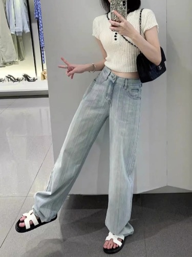 Light blue straight jeans for women in autumn new high waisted loose wide leg trousers for fat mm slimming