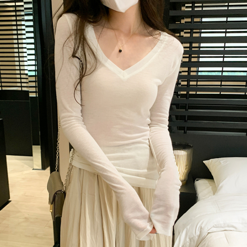 Hot Girl's new hollow waist V-neck long-sleeved T-shirt, slim fit and versatile stretch thin solid color sun protection top