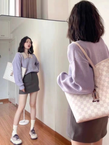 Early autumn new women's clothing gentle Korean purple sweater cardigan knitted jacket women's spring and autumn high-end tops