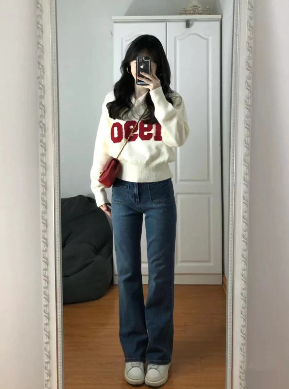 Pure lust style Korean style loose solid color embroidered letters versatile pullover knitted sweater top for women