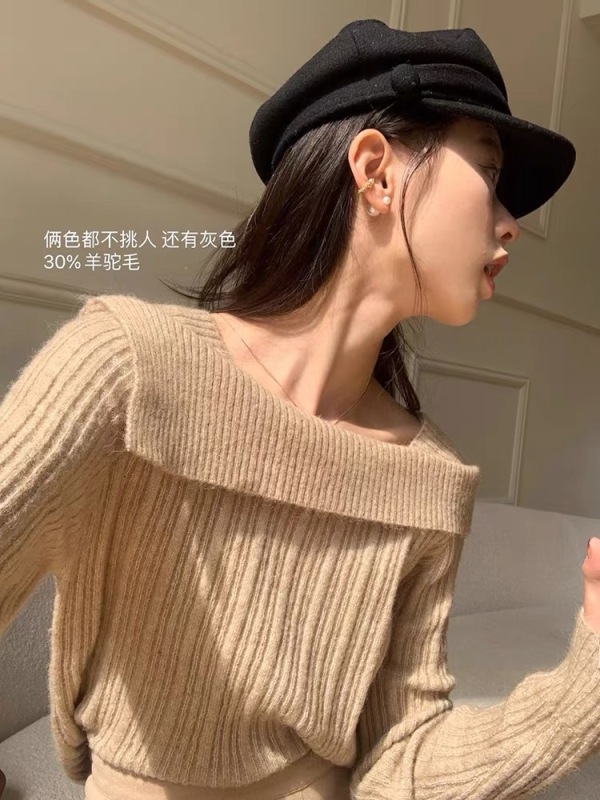 Miss AB lazy one-shoulder sweater women's autumn and winter new style high-end gentle design long-sleeved knitted top