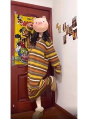 Contrast striped hooded sweatshirt dress for women autumn and winter new Korean style straight large size loose long sweater dress