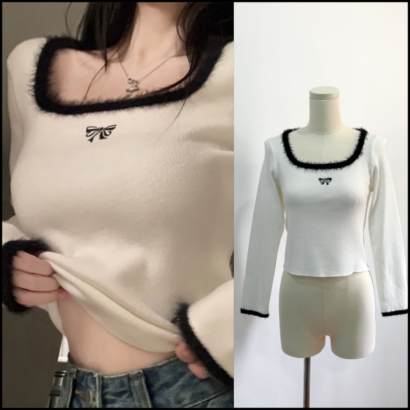 2toyoung street sweetheart square collar white bottoming shirt for women winter knitted high-end soft and waxy inner top