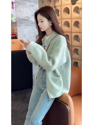 Retro solid color lazy style high-end pit double zipper knitted cardigan for women loose soft waxy temperament sweater jacket