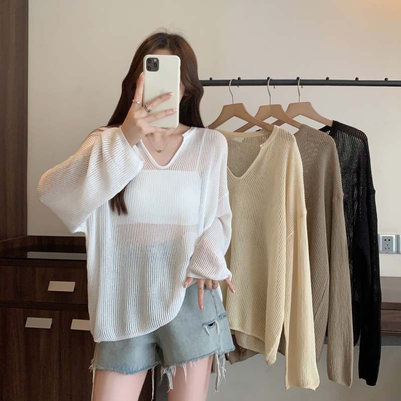 Niche design air-conditioned long-sleeved sweater for women thin hollow see-through breathable loose v-neck pullover top trendy