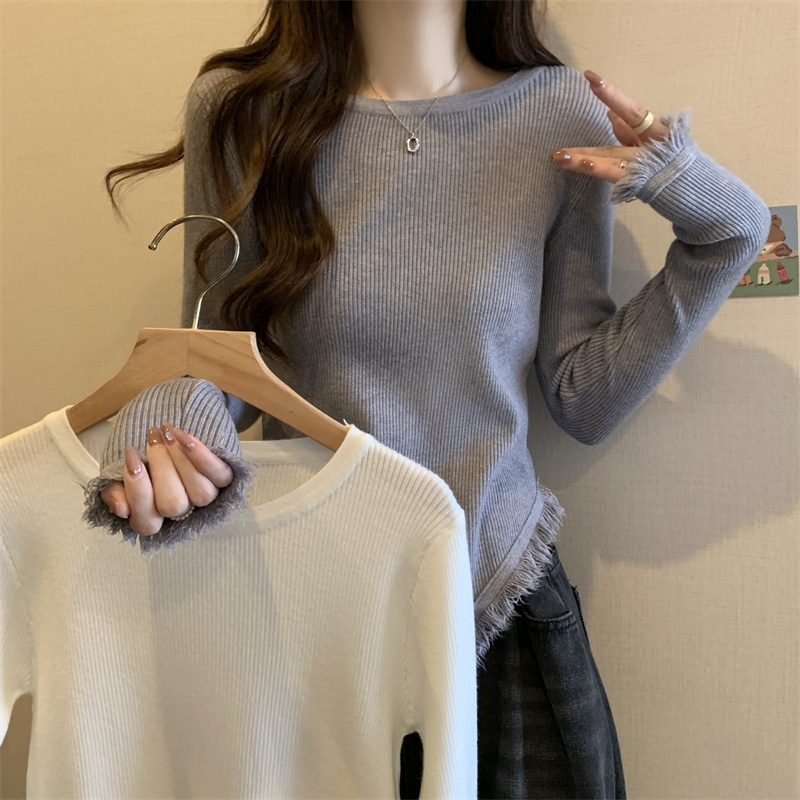 Hot girl chic gray long-sleeved sweater for women autumn 2024 new design slim irregular short top