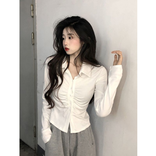 Designed pleated long-sleeved T-shirt autumn new slim fit small lapel pure lust style bottoming top for women