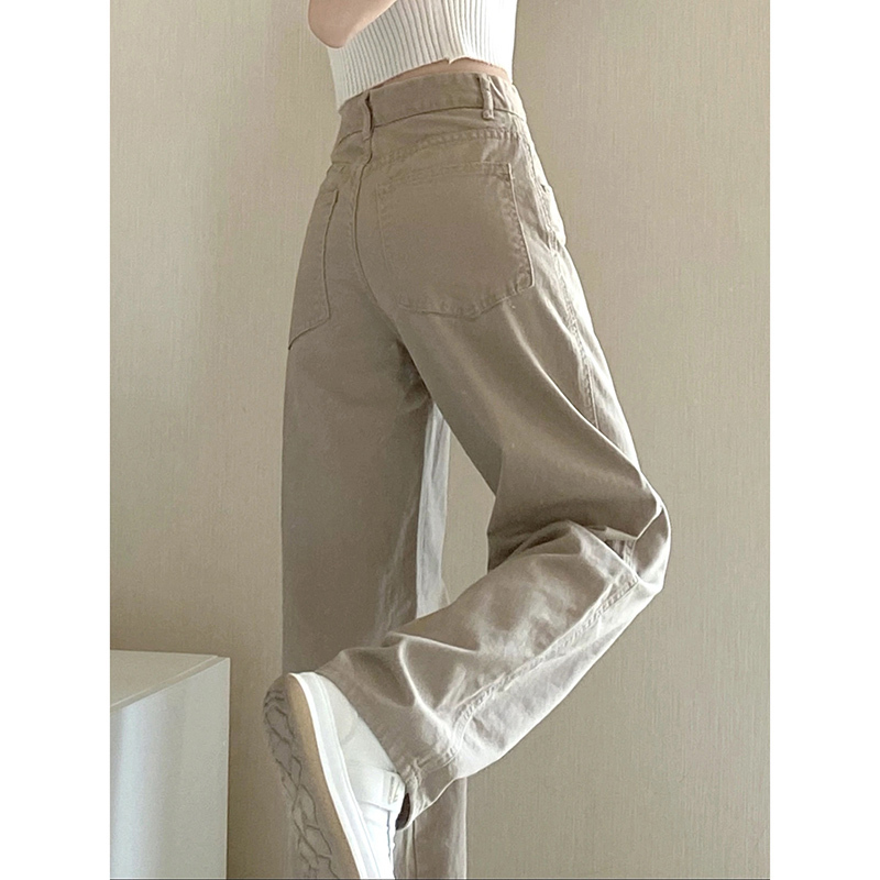 Khaki jeans women's straight autumn and winter new fat sister slim pants retro Hong Kong style loose wide-leg trousers