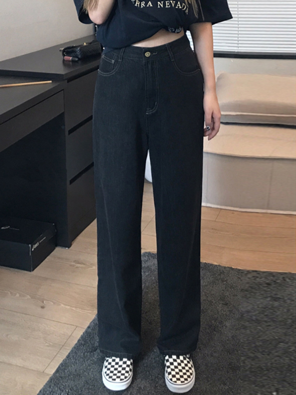 High-waist slim jeans for fat mm women, large size loose straight pants, pear-shaped body, thick legs, wide hips pants