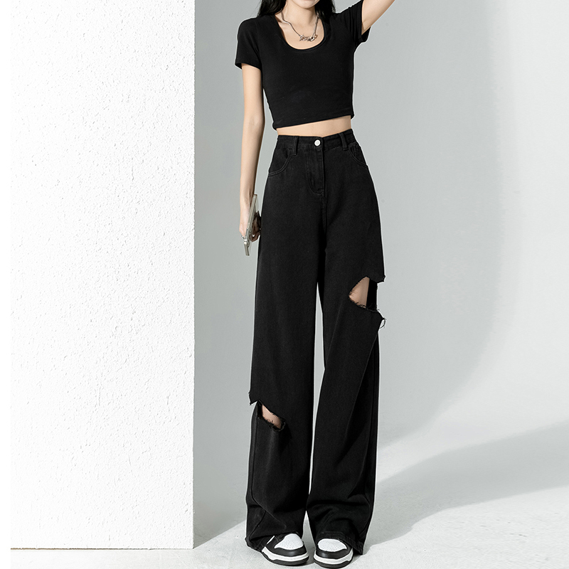 Women's large-size ripped jeans are high-waisted, slimming, straight-leg pants for fat girls in autumn, looking slim butt-covering, loose-fitting floor-length pants