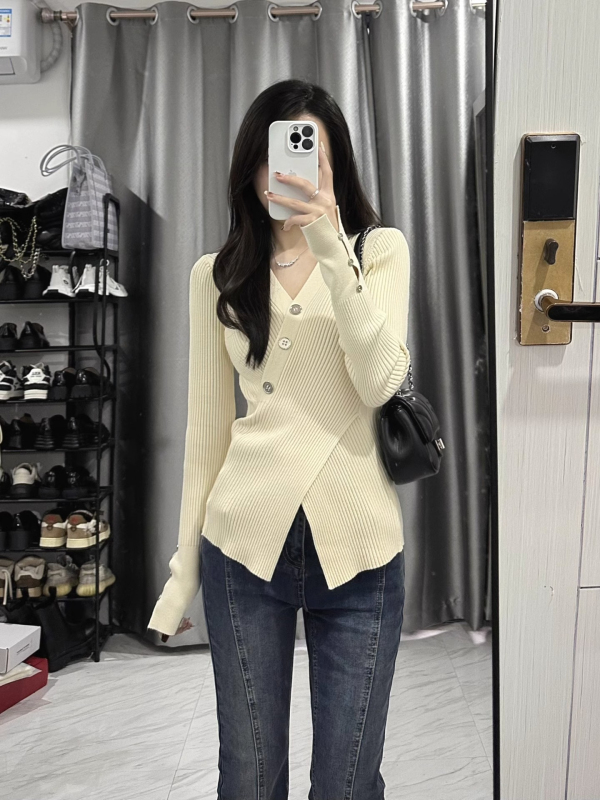 Irregular pure and slim V-neck sweater cross A4 waist slim fit slit pullover knitted long-sleeved inner top