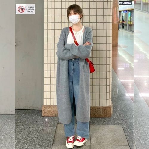 Gray knitted cardigan women's spring new style lazy style loose mid-length over-the-knee sweater jacket