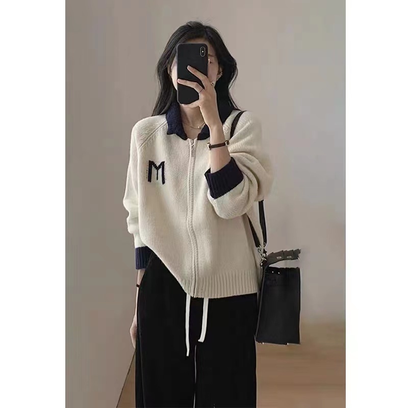 Apricot lapel knitted cardigan for women in autumn and winter, Japanese style lazy retro zipper sweater jacket