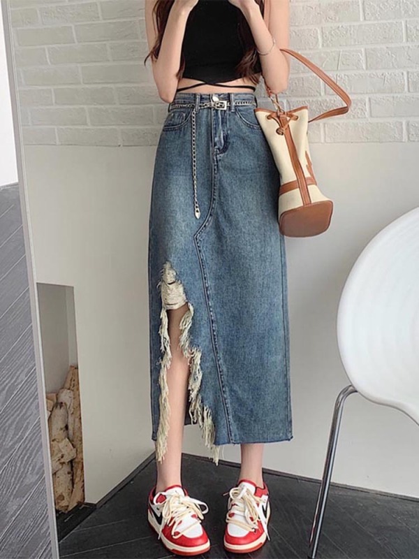 Raw edge ripped denim skirt with slits, plus size skirt for obese mm, designed to look slim for a niche pear-shaped figure