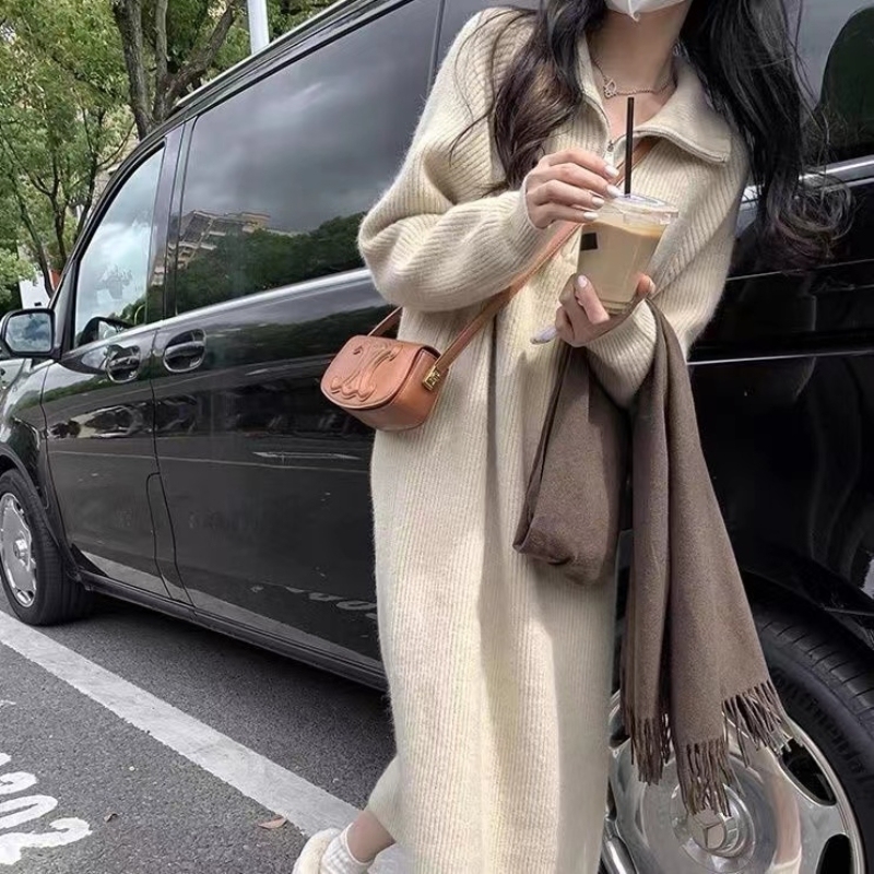 Thickened long-sleeved pullover knitted dress for women in autumn and winter new style loose lazy style long sweater skirt trendy