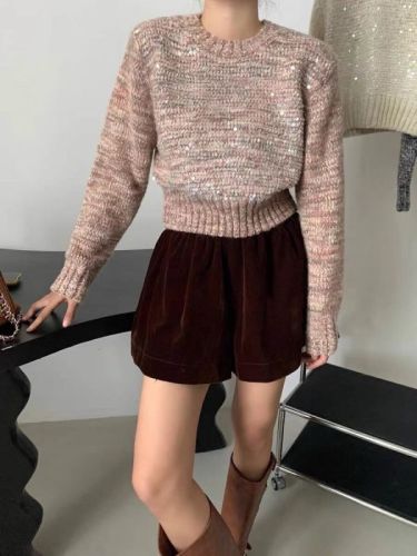 French sequined sweater tops for women in autumn and winter new style lazy style pullover round neck heavy industry super nice short sweater