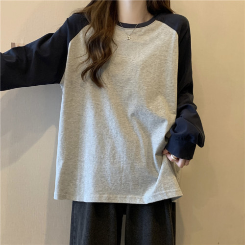Pure cotton back cover collar color insert long-sleeved T-shirt women's new autumn round neck top