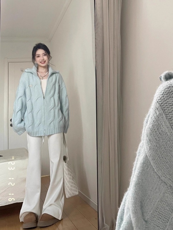 American retro twist zipper cardigan sweater for women spring and autumn loose oversize casual versatile knitted jacket trendy