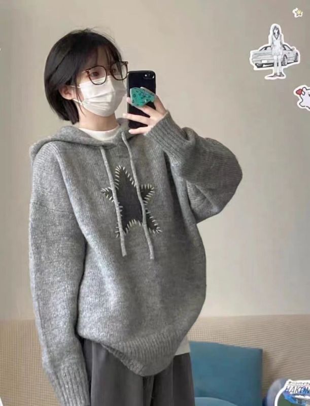 Vintage sweater for women in autumn and winter Korean style lazy design niche soft and waxy hooded sweater top