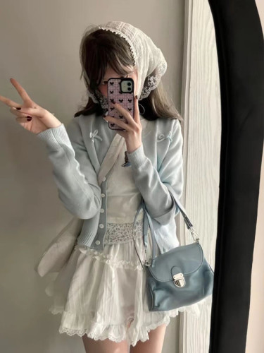 Ballet style knitted cardigan for women in spring and autumn new slim bow blue sweater sweet girl gentle Korean top