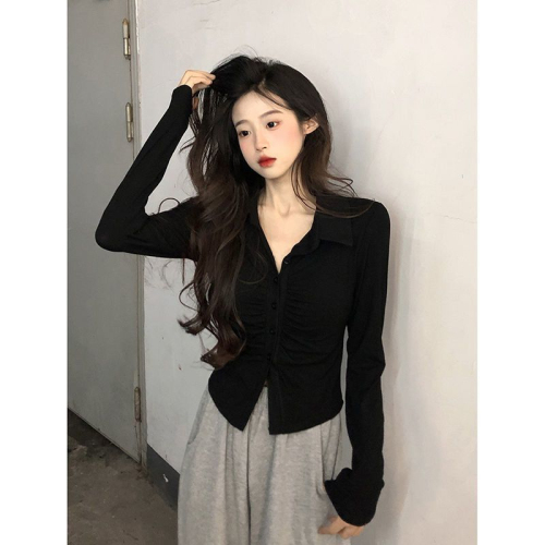 Designed pleated long-sleeved T-shirt autumn new slim fit small lapel pure lust style bottoming top for women