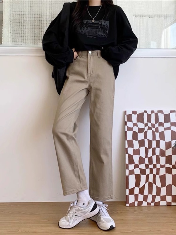 Khaki straight jeans women's plus size fat mm slim pear-shaped figure high waist loose wide leg pants autumn new style