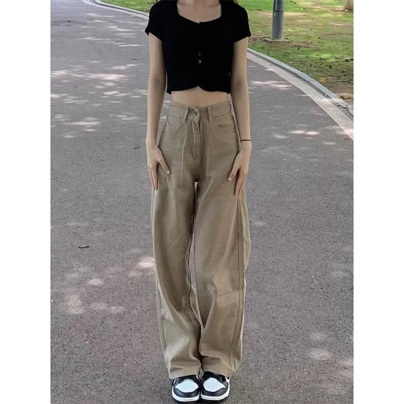 Khaki straight jeans women's autumn American retro European and American street wide-leg long pants high street ins trend brand