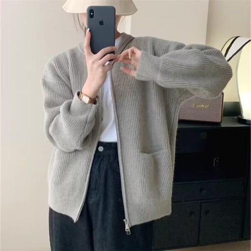 Retro solid color lazy style high-end pit double zipper knitted cardigan for women loose soft waxy temperament sweater jacket