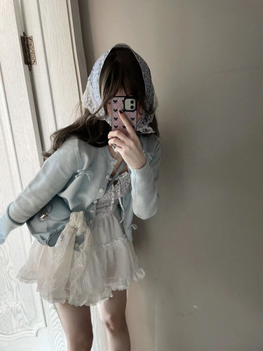 Ballet style knitted cardigan for women in spring and autumn new slim bow blue sweater sweet girl gentle Korean top