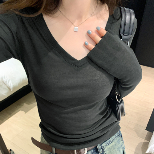 Hot Girl's new hollow waist V-neck long-sleeved T-shirt, slim fit and versatile stretch thin solid color sun protection top