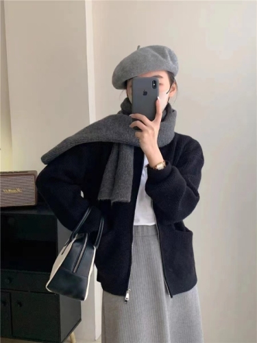 Retro solid color lazy style high-end pit double zipper knitted cardigan for women loose soft waxy temperament sweater jacket