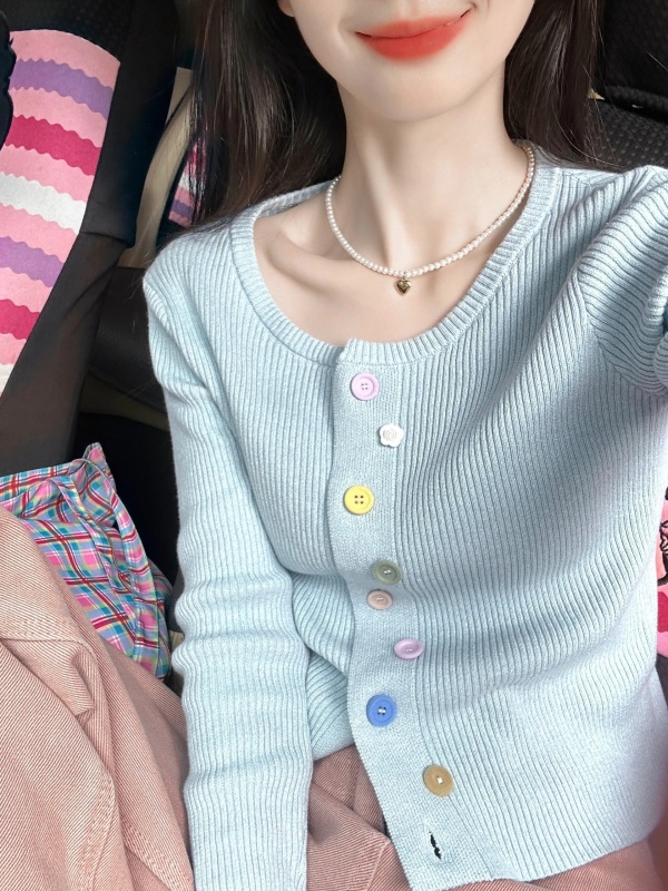 Korean style blue short knitted cardigan for women in spring, small, lazy, soft and waxy top