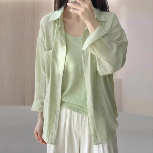 Blue shirt tops for women 2024 new mid-length thin sun protection cardigan jacket