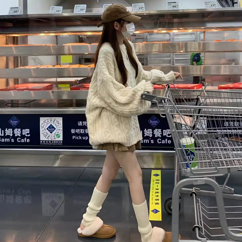 Round neck pullover twist sweater for women, loose, lazy style, high-end feel, mid-length soft waxy thickened knitted jacket top