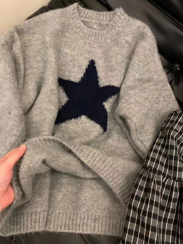 Korean style retro college style five-pointed star design niche sweater soft and waxy all-match sweater sweater new top
