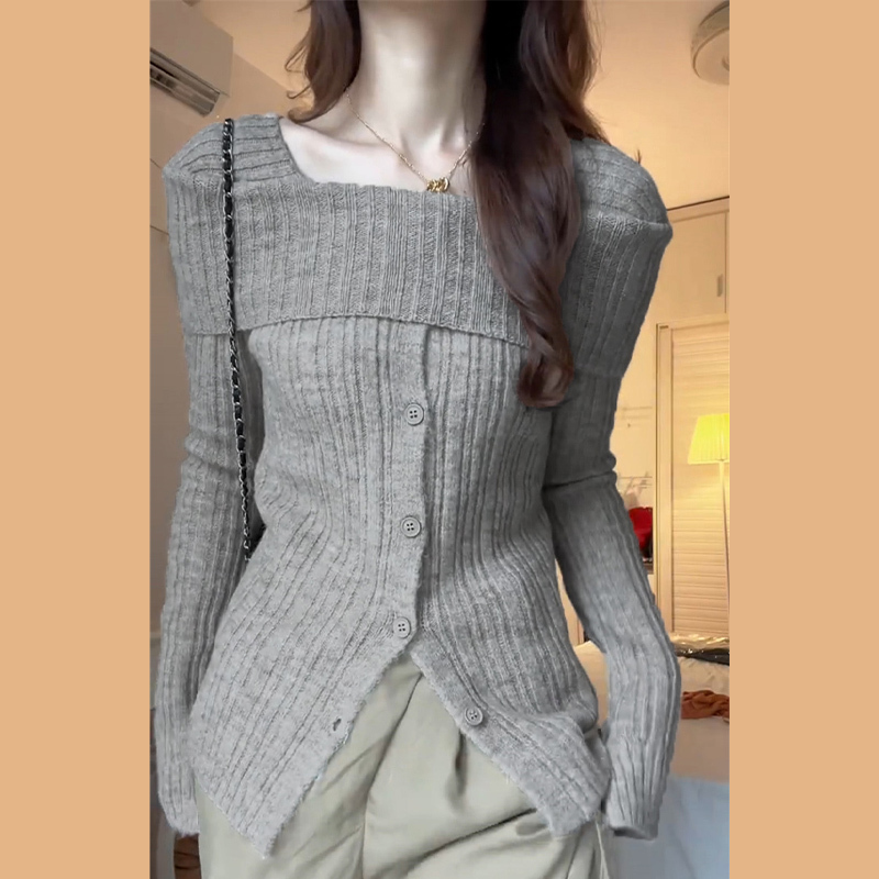 One-shoulder bottoming shirt for women with sweater hot girl cardigan autumn and winter new off-shoulder slim knitted top