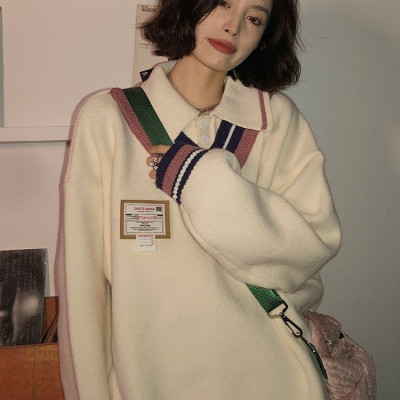 Polo collar pullover sweater for women in fall and winter college style soft and waxy lazy style loose design spliced ​​sweater jacket