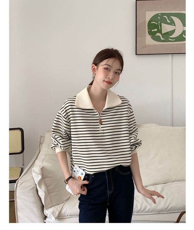 New plus size women's fat mm autumn and winter loose striped lapel sweater versatile long-sleeved pullover jacket