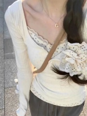 Korean fake two-piece floral bottoming shirt for women, pure desire spring new long-sleeved T-shirt, sweet and spicy top