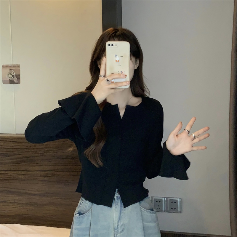 V-neck sweater women's new autumn bottoming shirt design niche short top
