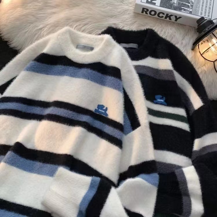 Cute puppy contrast striped imitation mohair sweater men's autumn and winter couple's knitted bottoming shirt